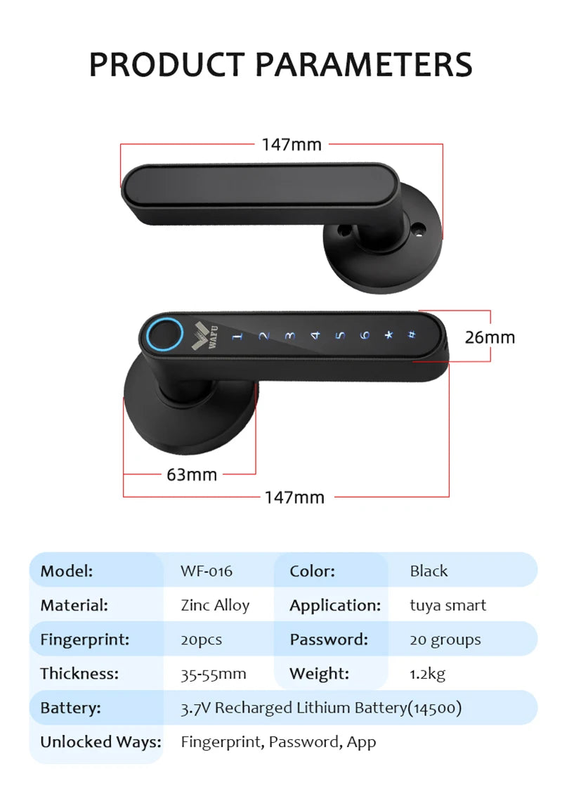 WAFU 016 Fingerprint Smart Lock Password Handle Bed Room Lock Tuya Bluetooth Password Door Lock Zine For Home Hotel