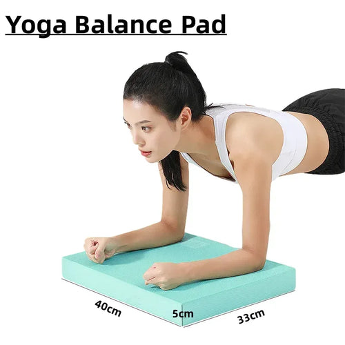 Balance pad for core strength training, non-slip foam smart yoga mat cushion, side view of woman doing plank exercise.
