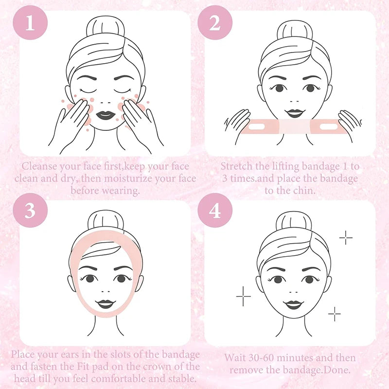 Four-step instructional illustration showing how to apply a pink V-line face slimming bandage strap.