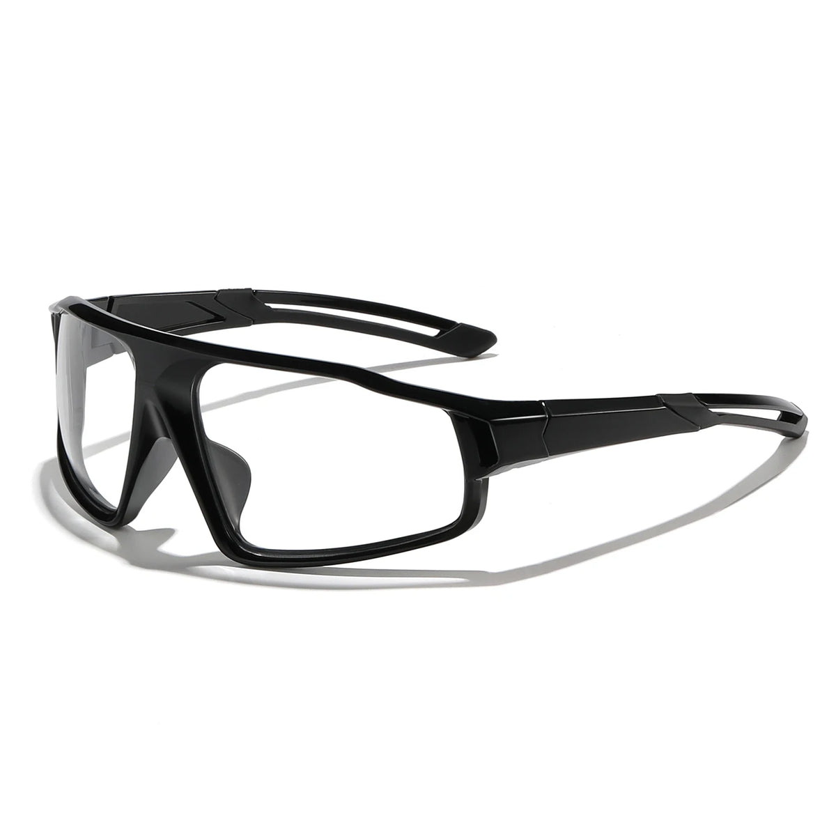 Photochromic sports eyeglasses with matte black frame and clear lenses