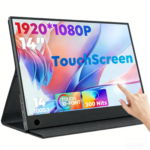 Amoudo 14-inch FHD portable touchscreen monitor in black, featuring a slim design, built-in stand, and side ports.