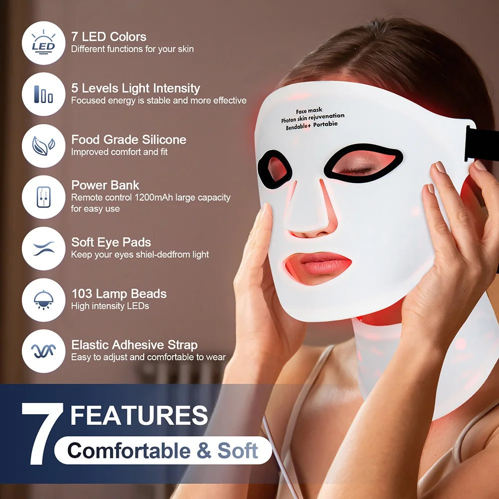 White silicone LED face mask for skin rejuvenation with an elastic strap, 7 light colors, and 103 light beads.