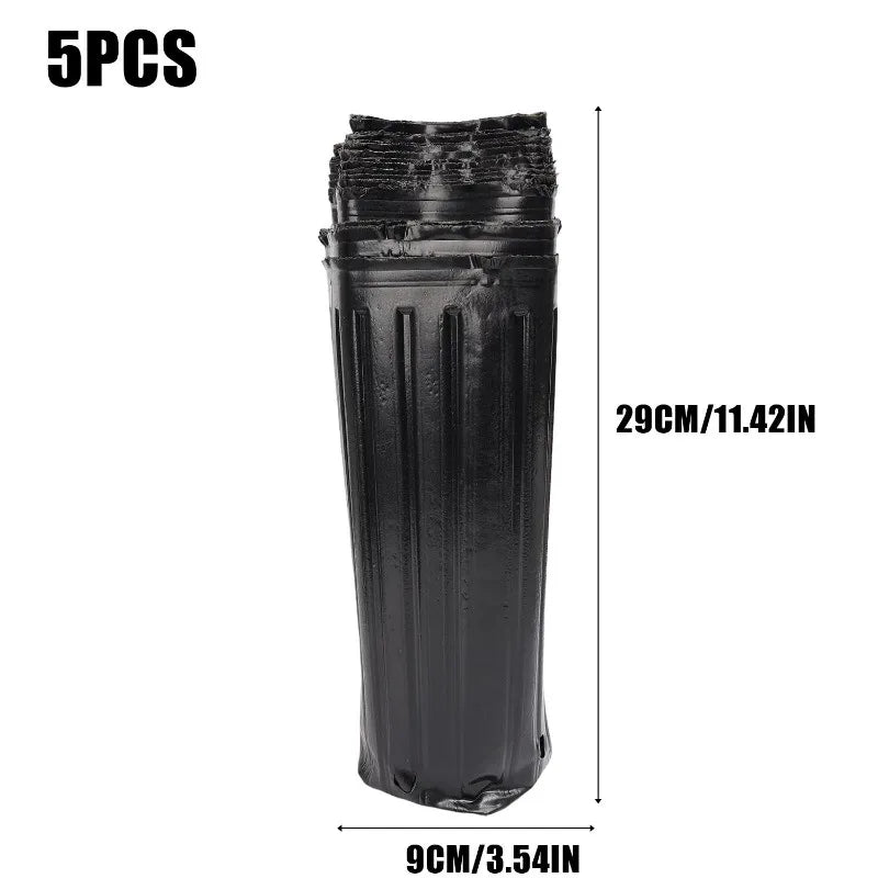 Set of 5 black plastic nursery pots, 29cm x 9cm, drainage hole bottom