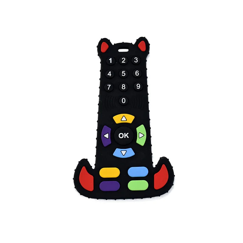 Black silicone TV remote baby teething toy for soothing infant gums.