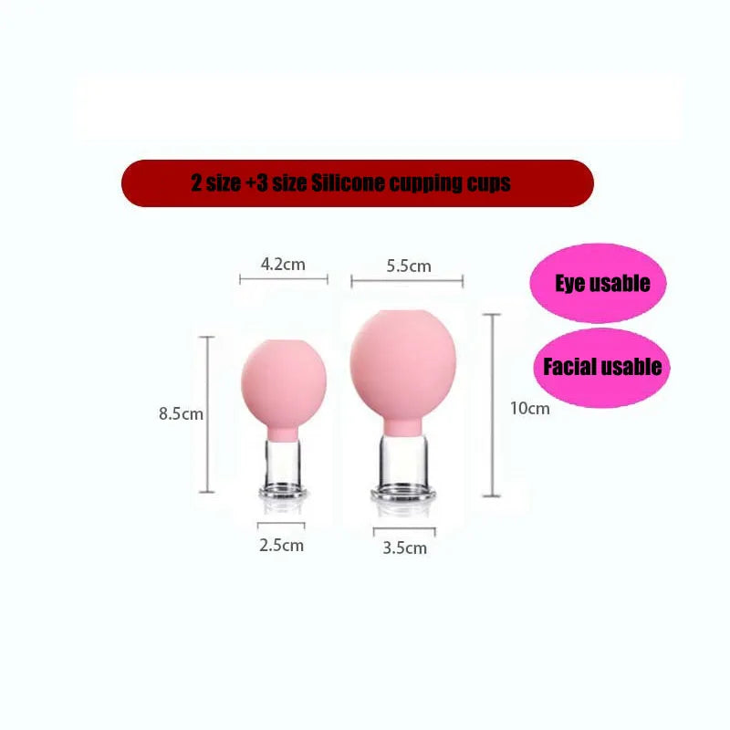 Two pink silicone and glass facial cupping tools with measurement labels, showing eye and facial use sizes.