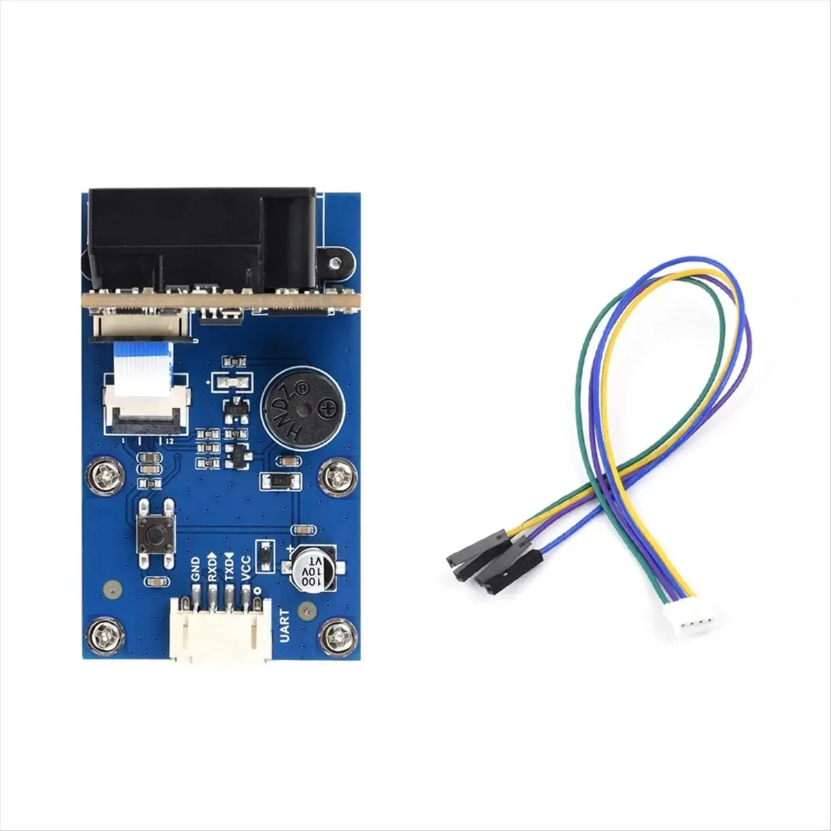 2D barcode scanner module PCB with attached jumper wire harness