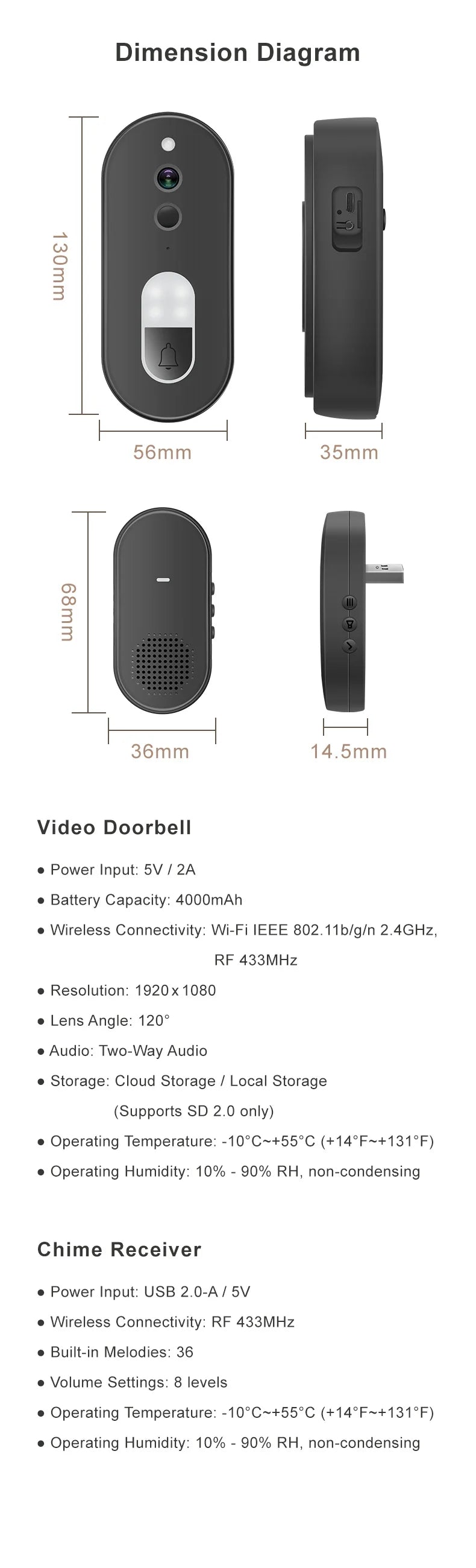 Tuya 1080P HD Wireless WiFi Video Doorbell Smart Home Security Camera Two Way Audio Night Vision Motion Detection IP65Waterproof