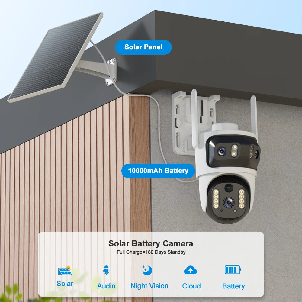 V380 Security Camera 3 Lens 12MP HD 4G Wireless Outdoor Automatic Tracking Humanoid PIR AI Detection 10000mAh PTZ Camera