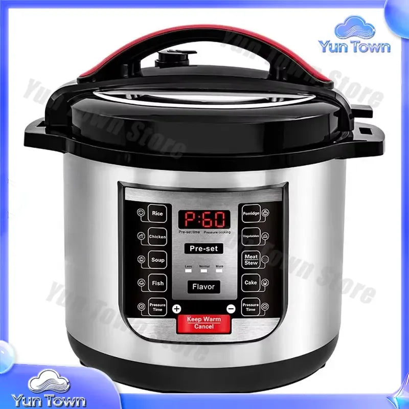 Stainless electric pressure cooker with digital control panel and red top handle