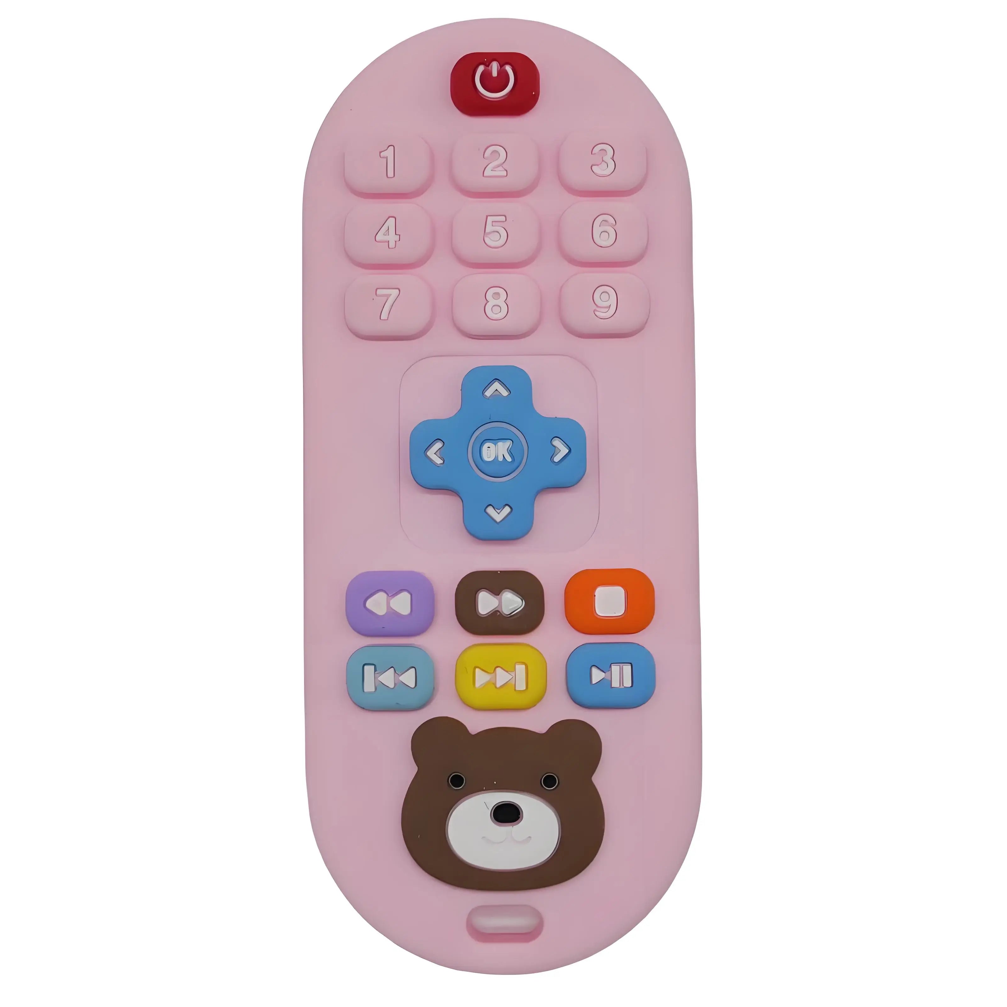 Pink silicone baby teething toy remote control with bear design for soothing relief.