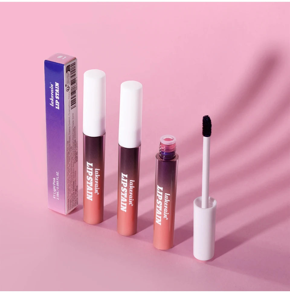 Lakerain waterproof peel-off lip stain in Light Pink, featuring ombre tubes and applicator on a pink background.