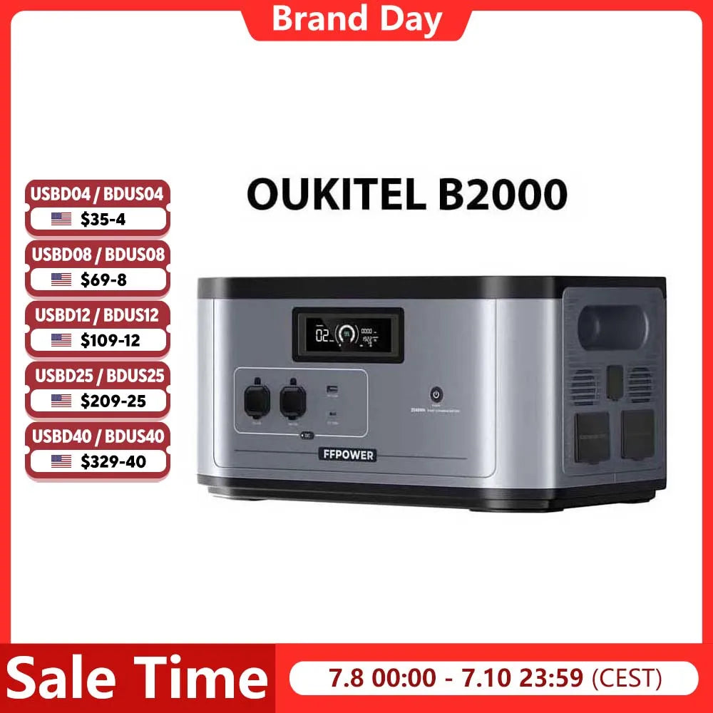 OUKITEL B2000 2048Wh LiFePO4 Expansion Battery Portable Power Station PD USB-C Output Solar Generator for BP2000 Power Supply