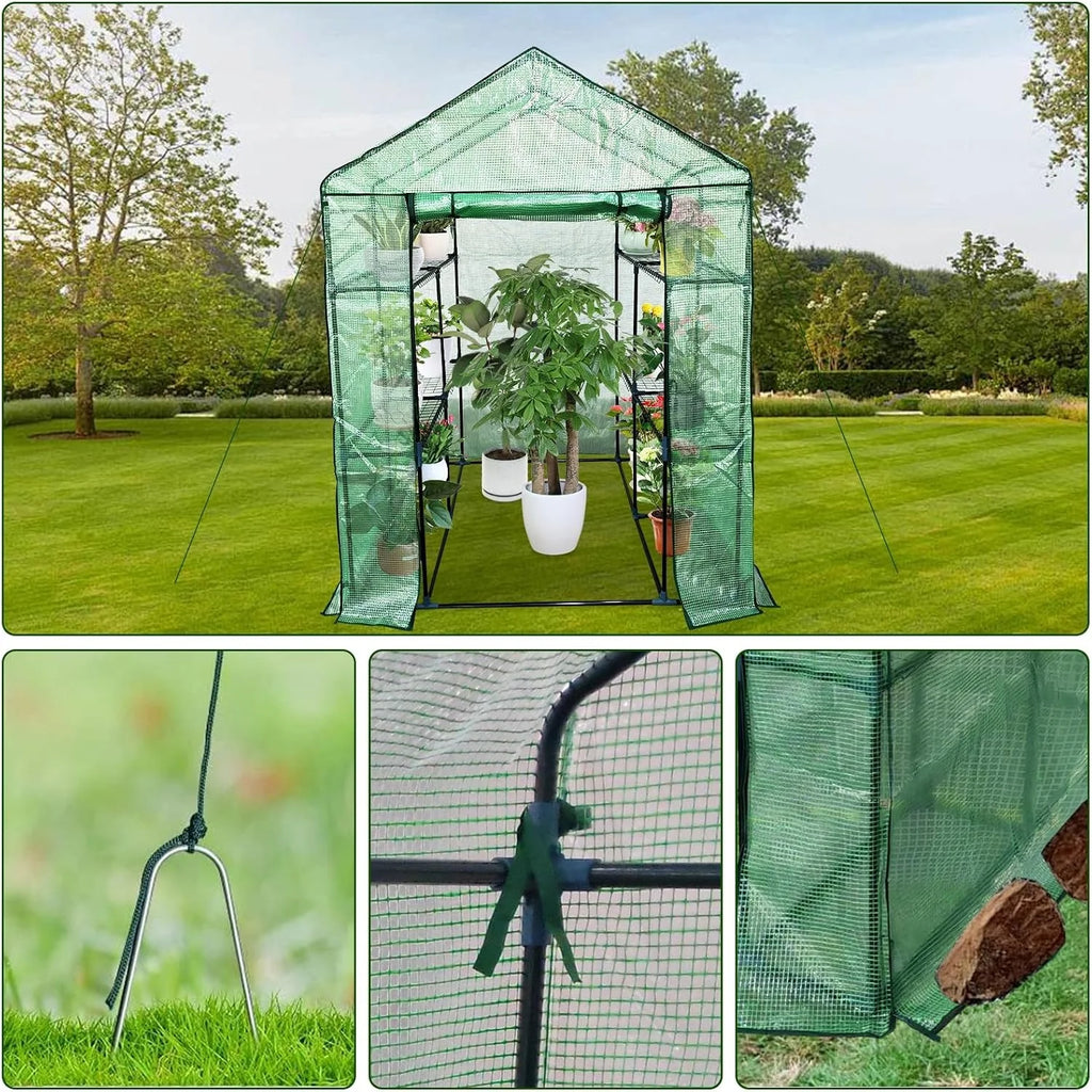 Walk-in Greenhouse for Outdoors,  Green Plant Greenhouse with 8 Shelves, Steel Frame, PE Cover, Roll-Up Zipper Door