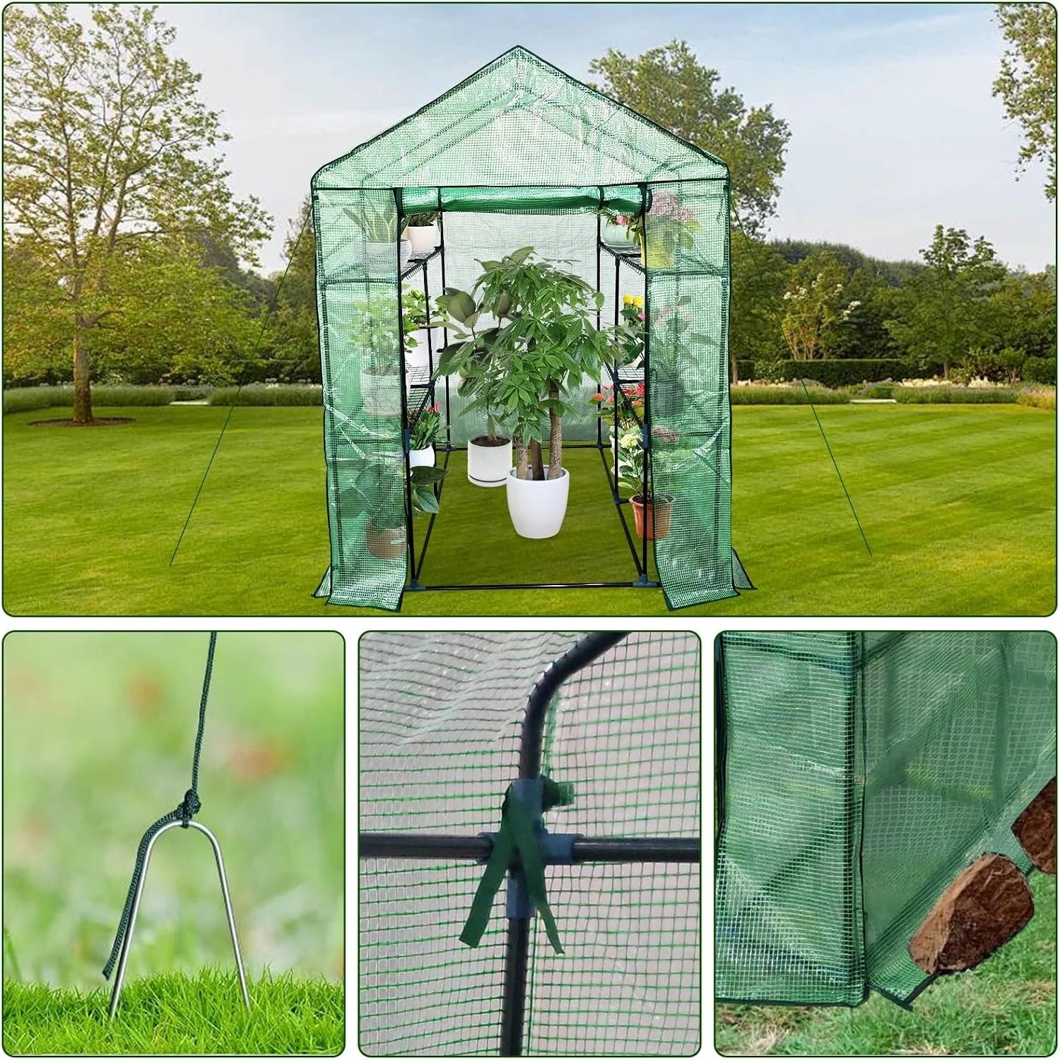 Walk-in Greenhouse for Outdoors,  Green Plant Greenhouse with 8 Shelves, Steel Frame, PE Cover, Roll-Up Zipper Door