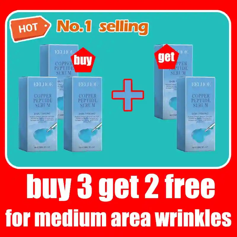 Five light blue boxes of Eelhoe Copper Peptide Serum with promotional "buy 3 get 2 free" text on a teal background.