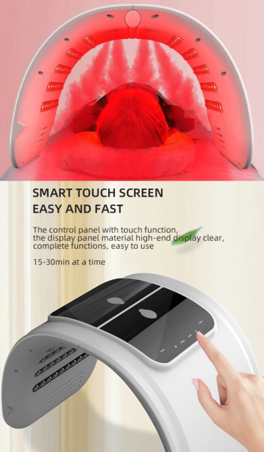 White arched LED facial therapy device emitting red light over a person, with a close-up of its touch screen control.