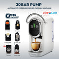 Cafelffe 6-in-1 white 20-bar capsule coffee and tea machine with digital display and hot-cold brewing capability.