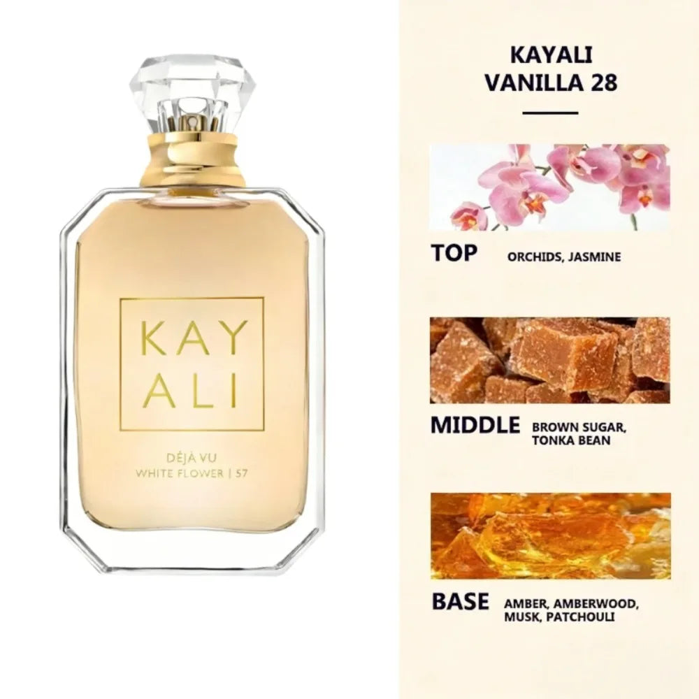 Kayali Déjà Vu White Flower 57 unisex EDP: classic glass bottle with jasmine, brown sugar, and amber notes.