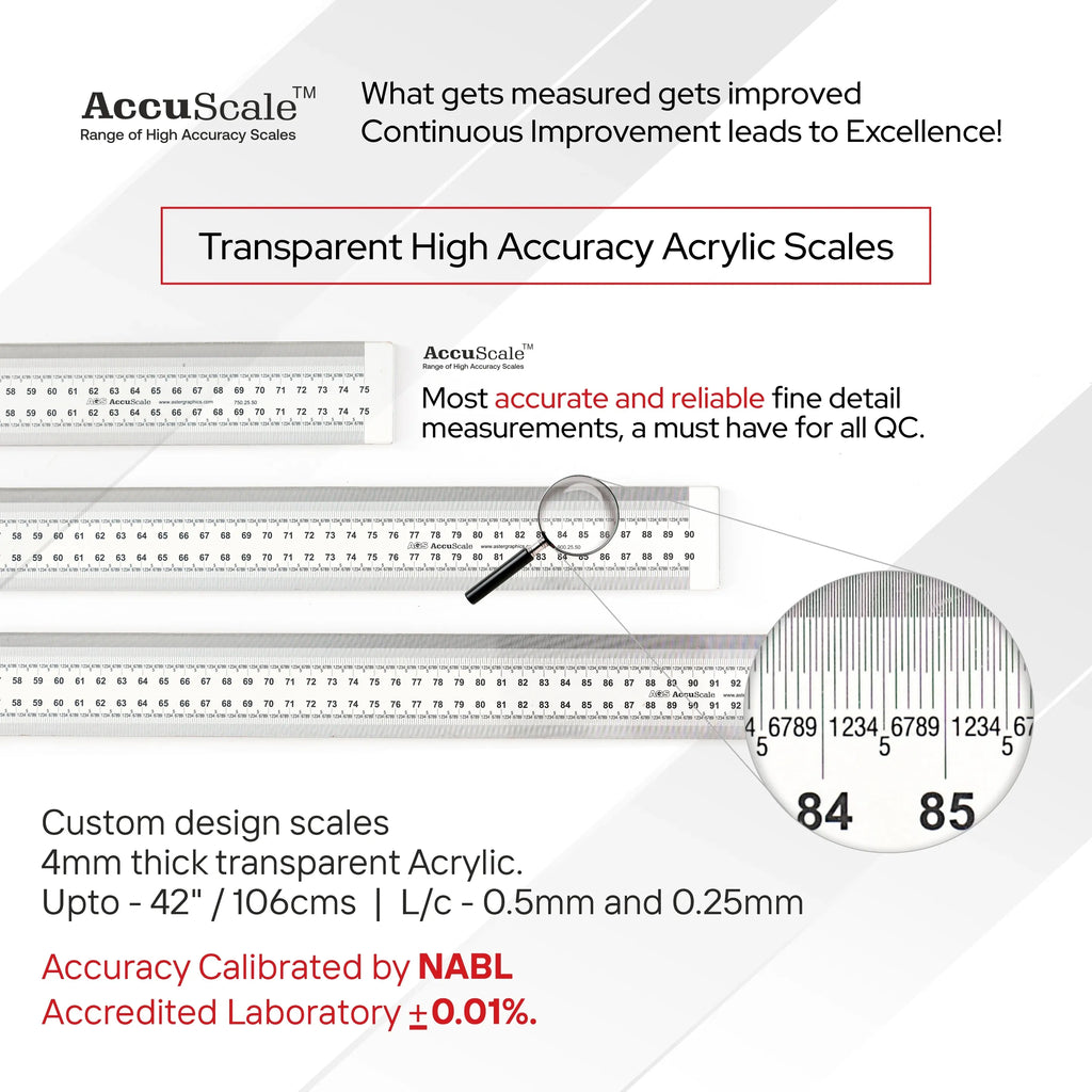 Transparent acrylic ruler with fine engraved scale markings and thick mm numbers