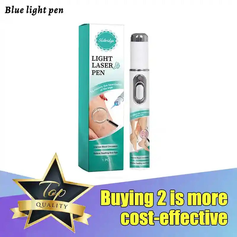 Blue light laser pen for home varicose vein relief and leg pain treatment, compact handheld device in retail packaging.