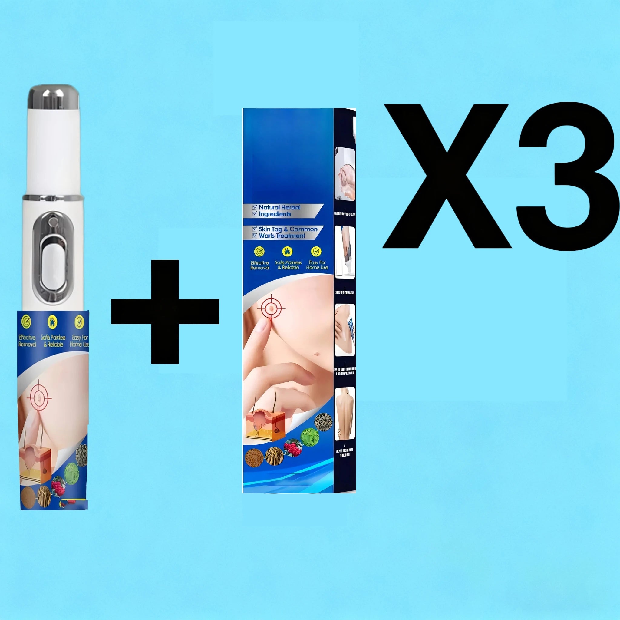 3-pack blue laser wart removal pen for home use, portable white skin tag treatment device with herbal serum box.