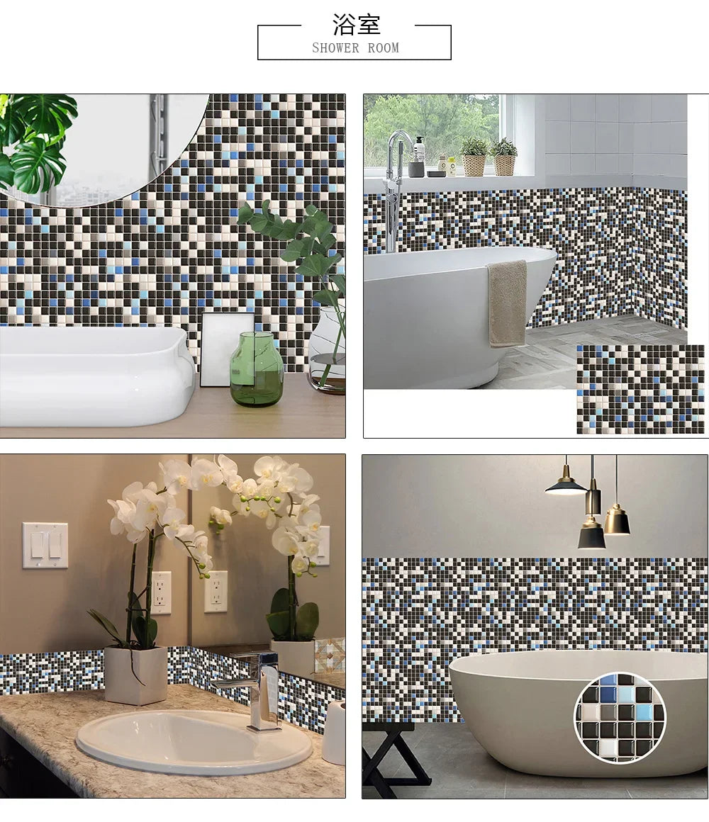 10pcs/set 10/15/20/30cm Flat Marble Mosaic Hard Tiles Wall Sticker Kitchen Bathroom Floor Diagonal Decor Wallpaper PVC Art Mural