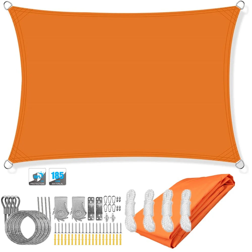 Rectangular waterproof shade sail canopy with corner grommets, orange; folded panel shown.