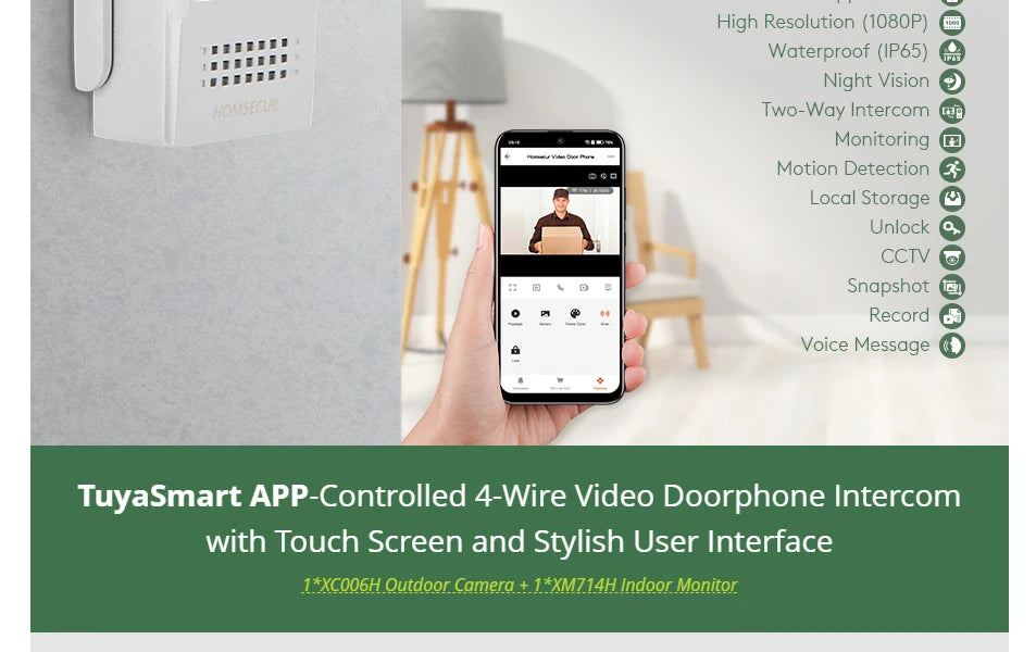 HOMSECUR 7” WIFI Tuya APP 4 Wire Video Door Phone Intercom System 1 Doorbell Camera 1 Indoor Monitor
