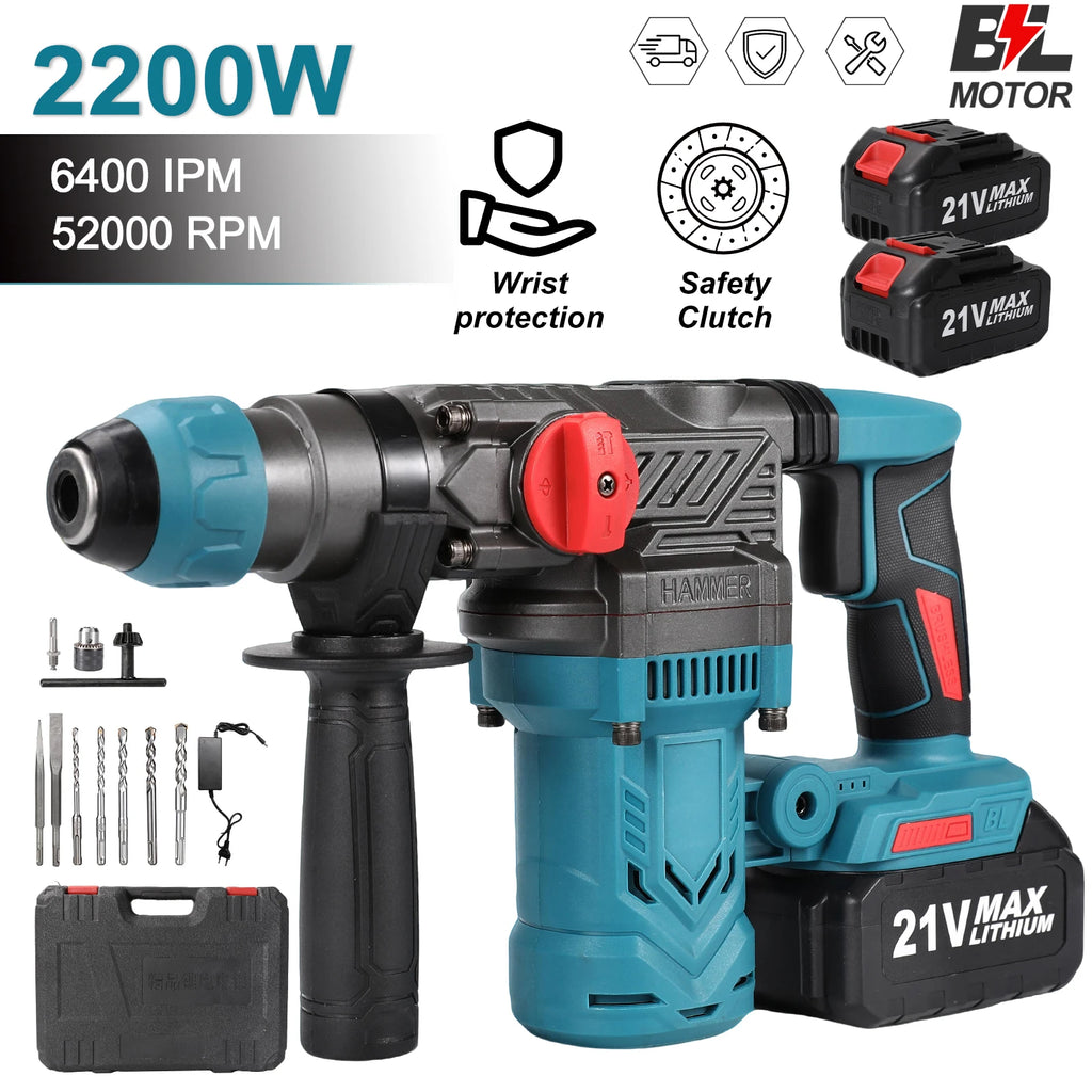 Brushless Electric Hammer Drill Multi-function Rotating Power Screwdriver 26MM Wireless Hammer Drill Tool Compatible with Makita 21V Battery