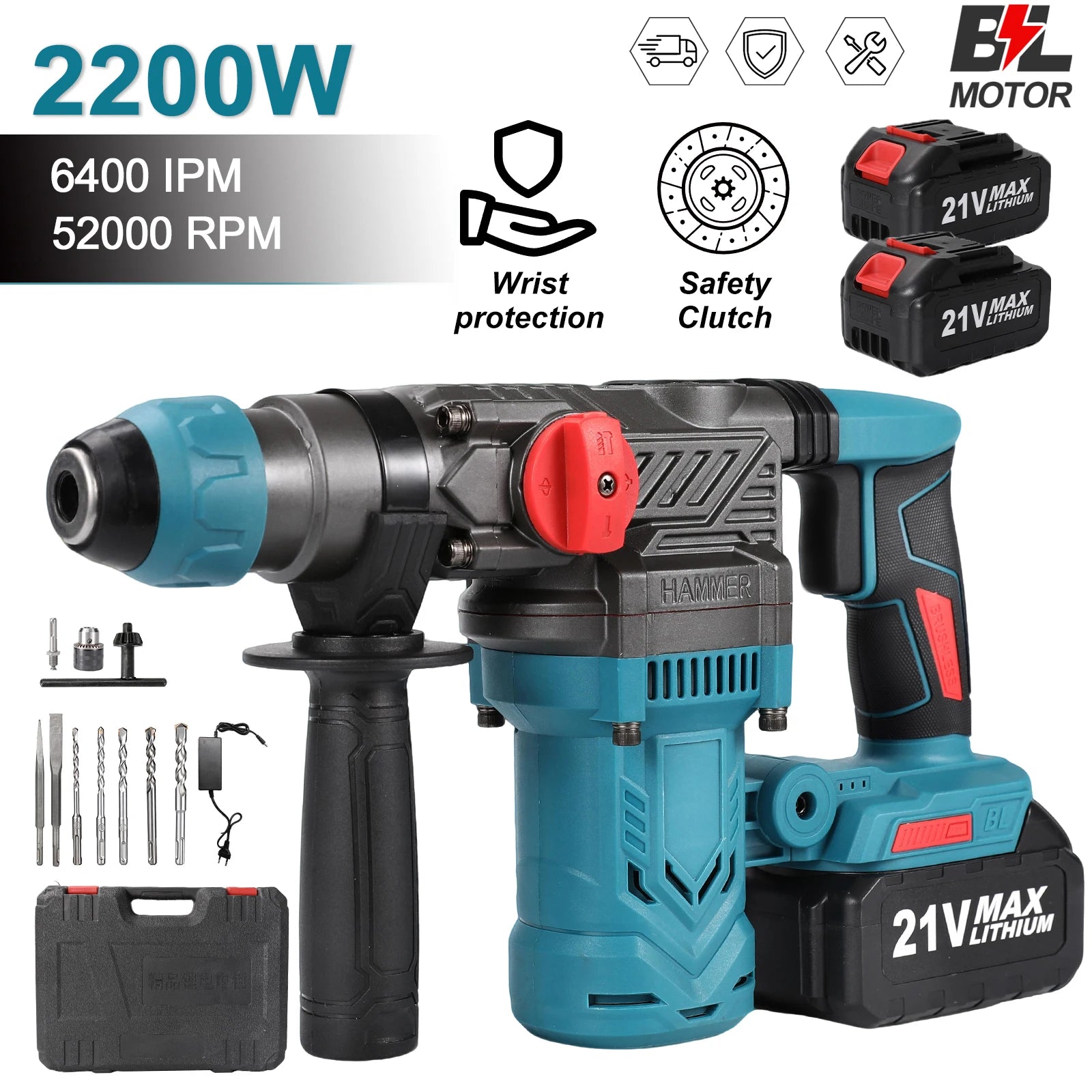 Brushless Electric Hammer Drill Multi-function Rotating Power Screwdriver 26MM Wireless Hammer Drill Tool Compatible with Makita 21V Battery