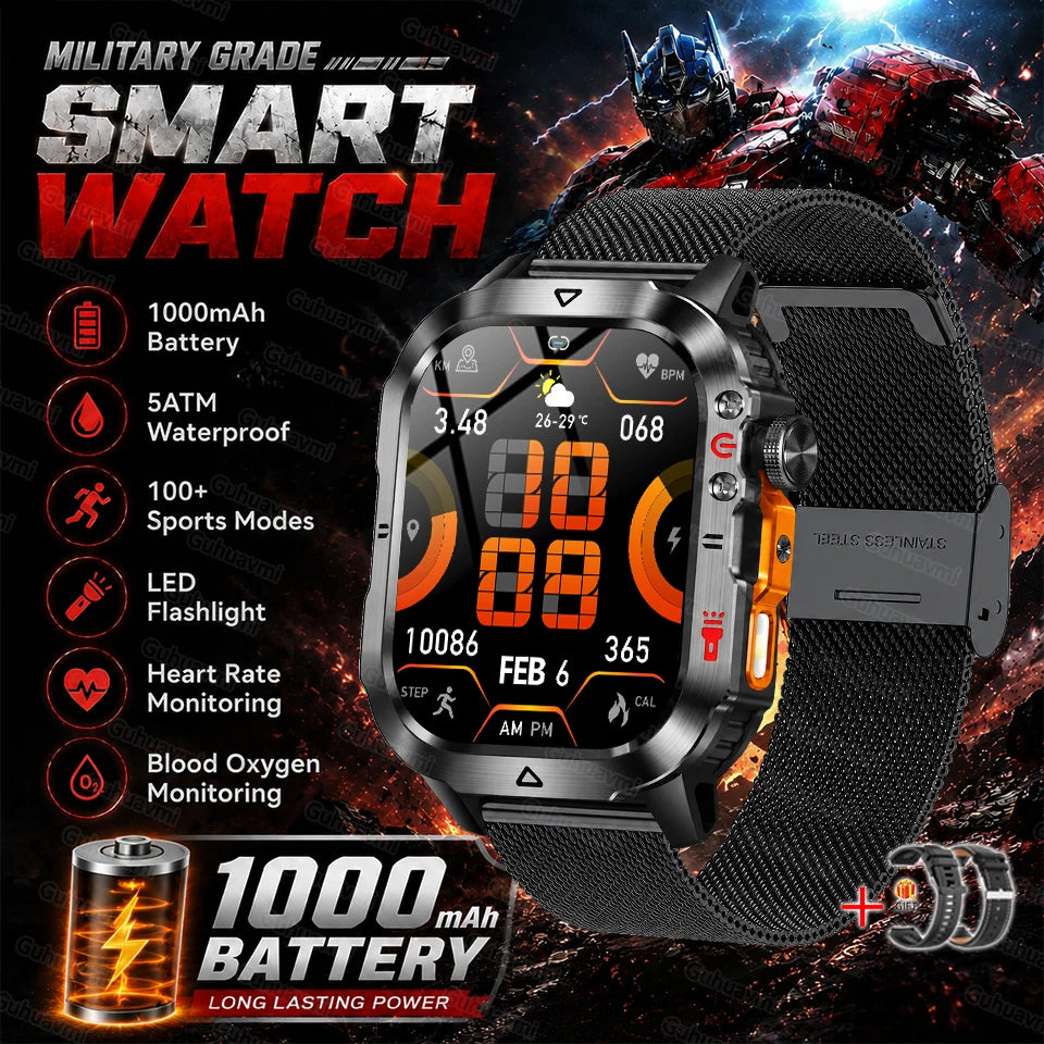 Black rugged smartwatch with textured black band and round display with orange time