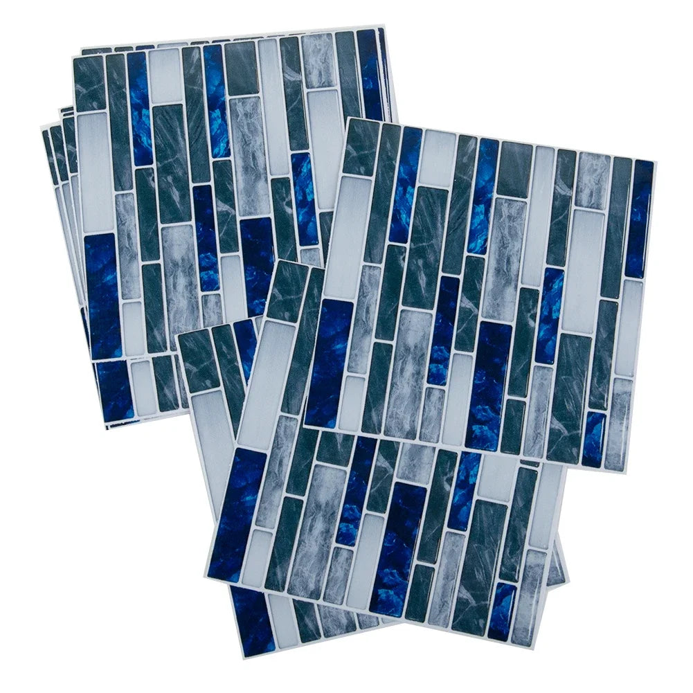 Blue and gray mosaic tile wall sticker set in overlapping sheets