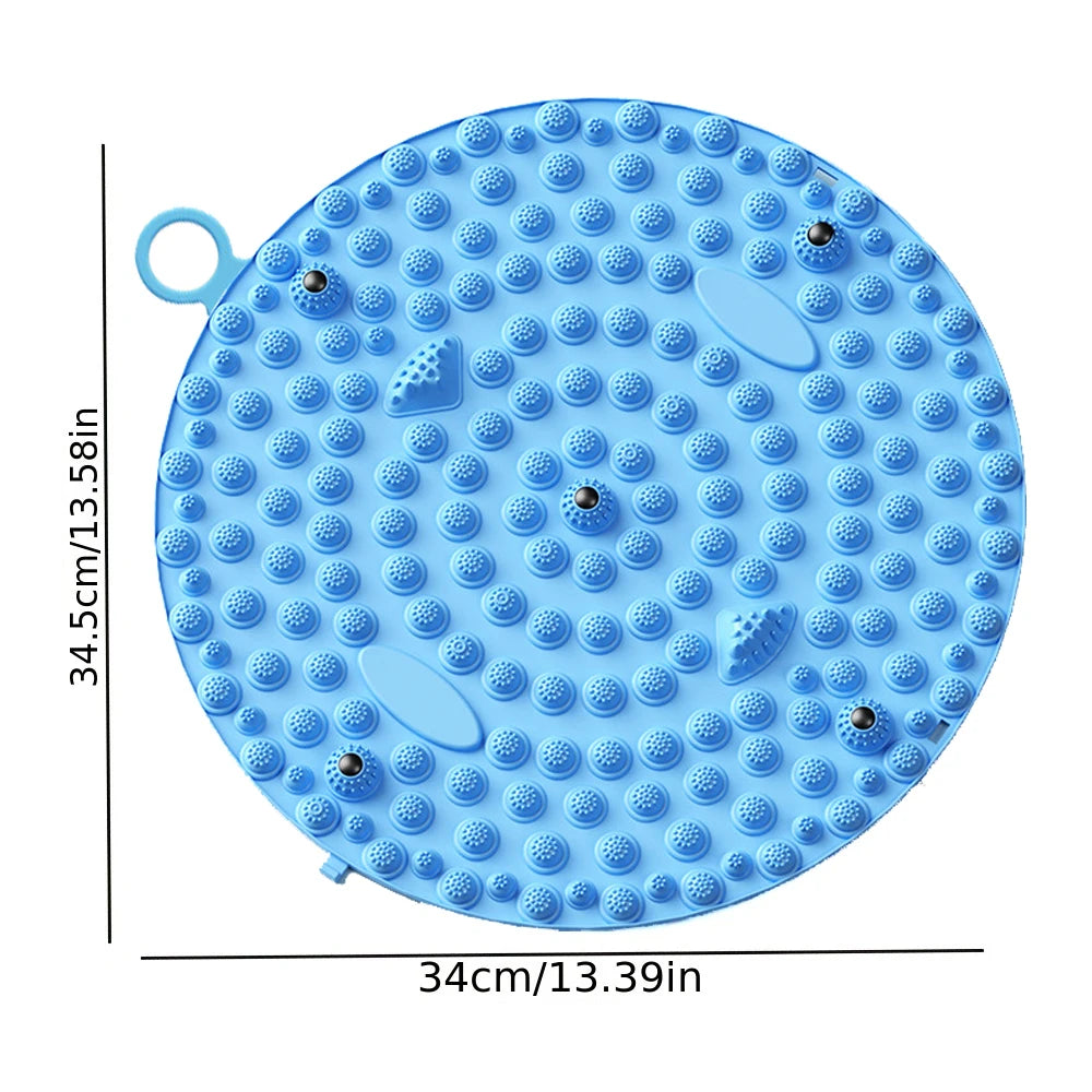 Blue circular acupressure foot massage mat with textured nodes and black pressure points for health and reflexology.