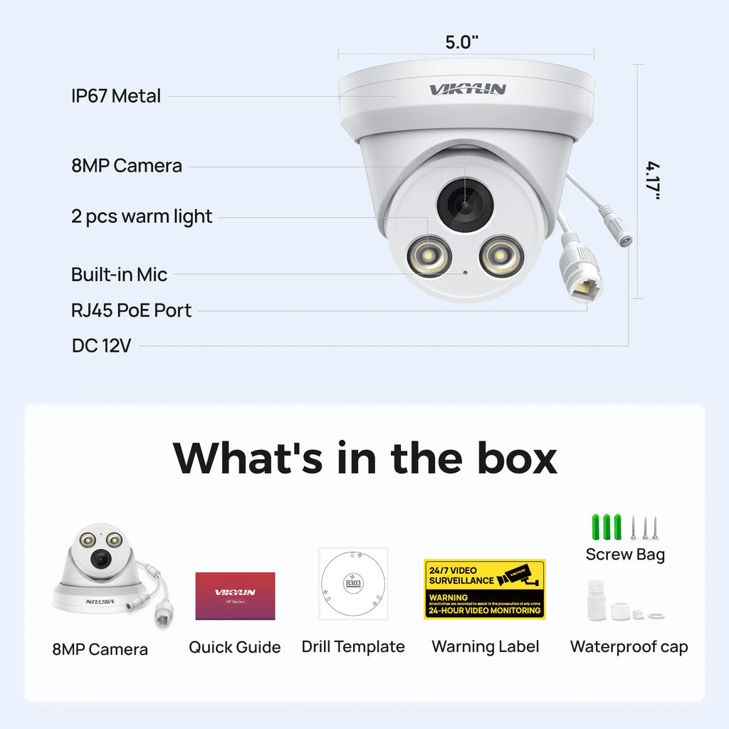 VIKYLIN 5/8MP Full Color IP Camera Outdoor POE Onvif Wide Angle 2.8mm AI Humanoid Detection Home CCTV Surveillance Camera IP67