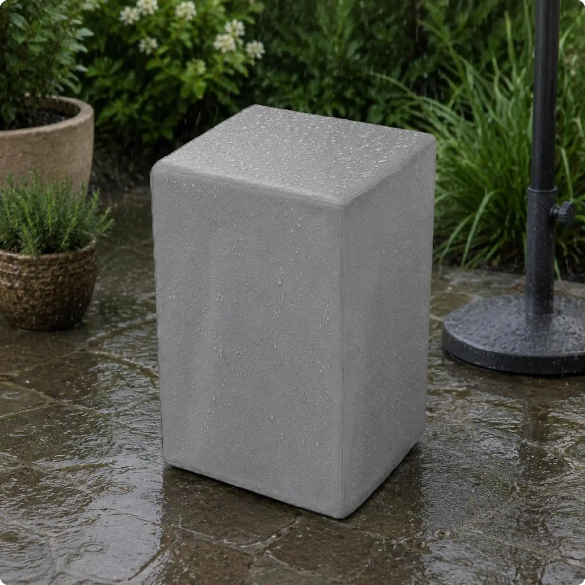 Water-resistant speaker cover, light gray rectangular fabric cover with textured surface