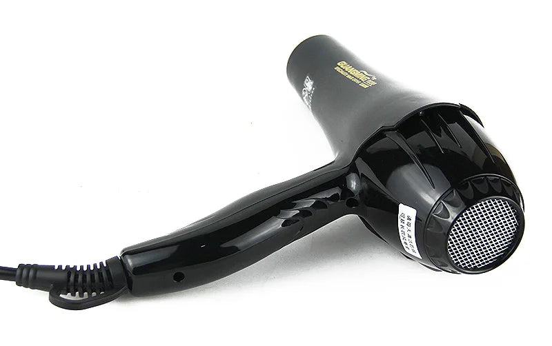 Professional 2100W black hair dryer with metal mesh back vent, ergonomic handle, and long cord for salon use.