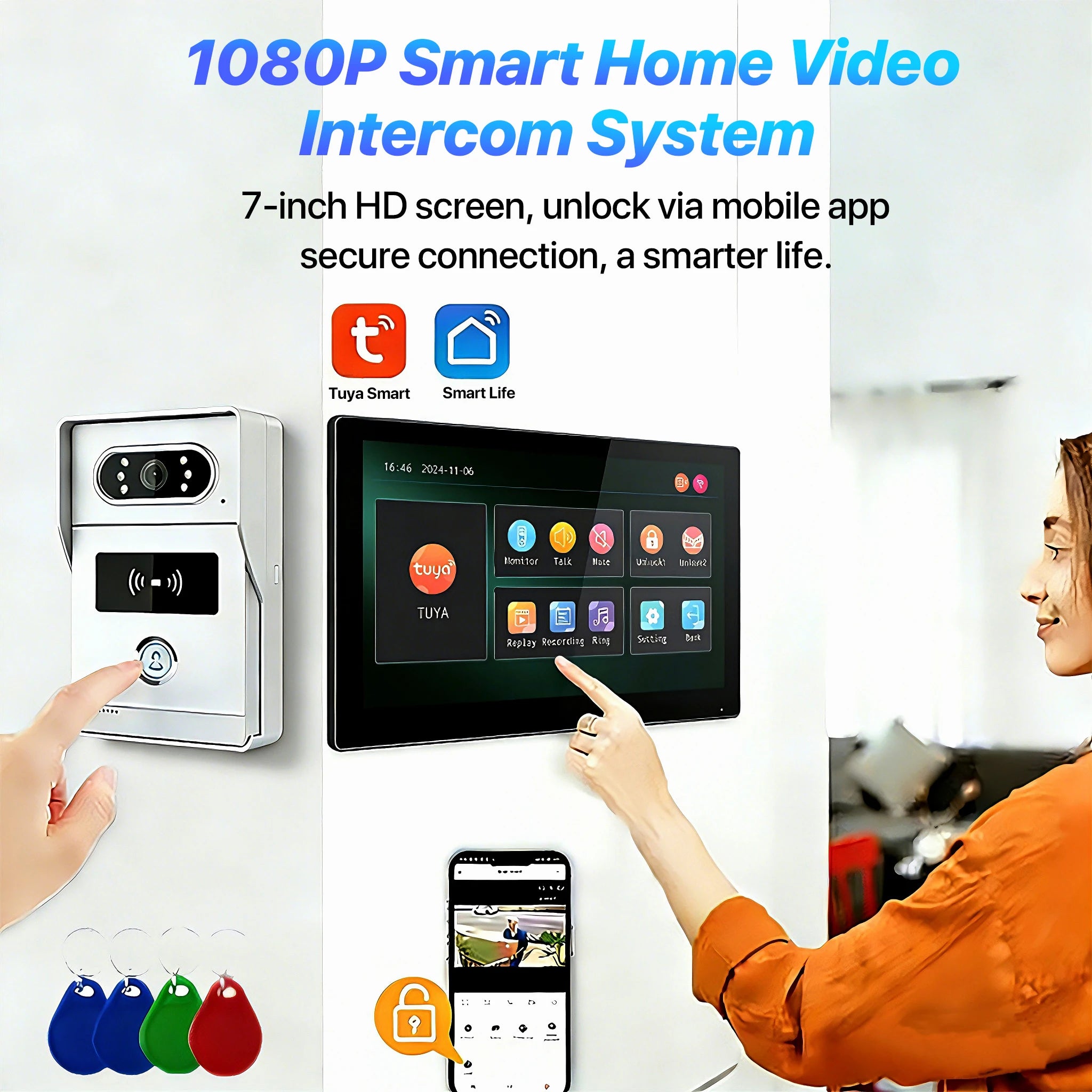 Tuya 7' Touch Screen Smart Video Doorbell System 2-Wire Remote RFID Unlock Night Vision Home Intercom Kit for Villa