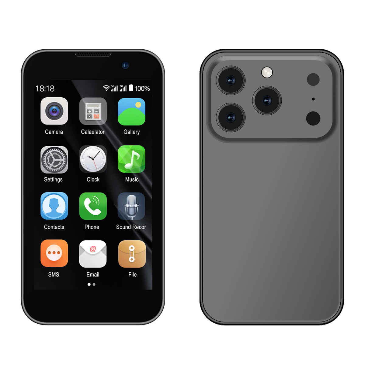 Black mini Android smartphone, front and back view with triple camera module