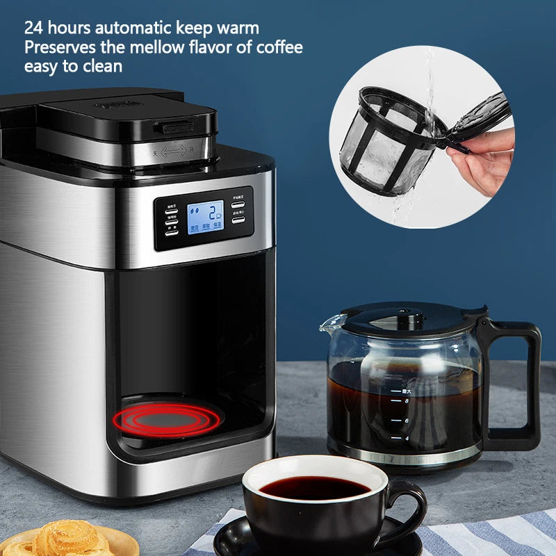 Stainless steel automatic drip coffee maker with 8-cup glass carafe, digital display, and removable mesh filter.