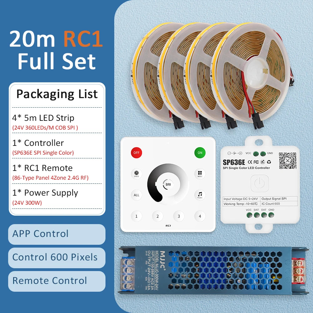 20m RC1 LED strip kit with SP636E controller, wireless remote, and 24V power supply
