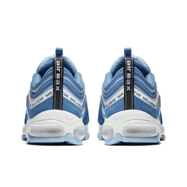 Blue Nike Air Max 97 sneakers with "Have a Nike Day" heel tab and white shock-absorbing sole for men and women.