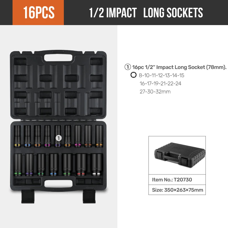 1/2 in drive impact socket set in black case with colored rings, 16 pcs
