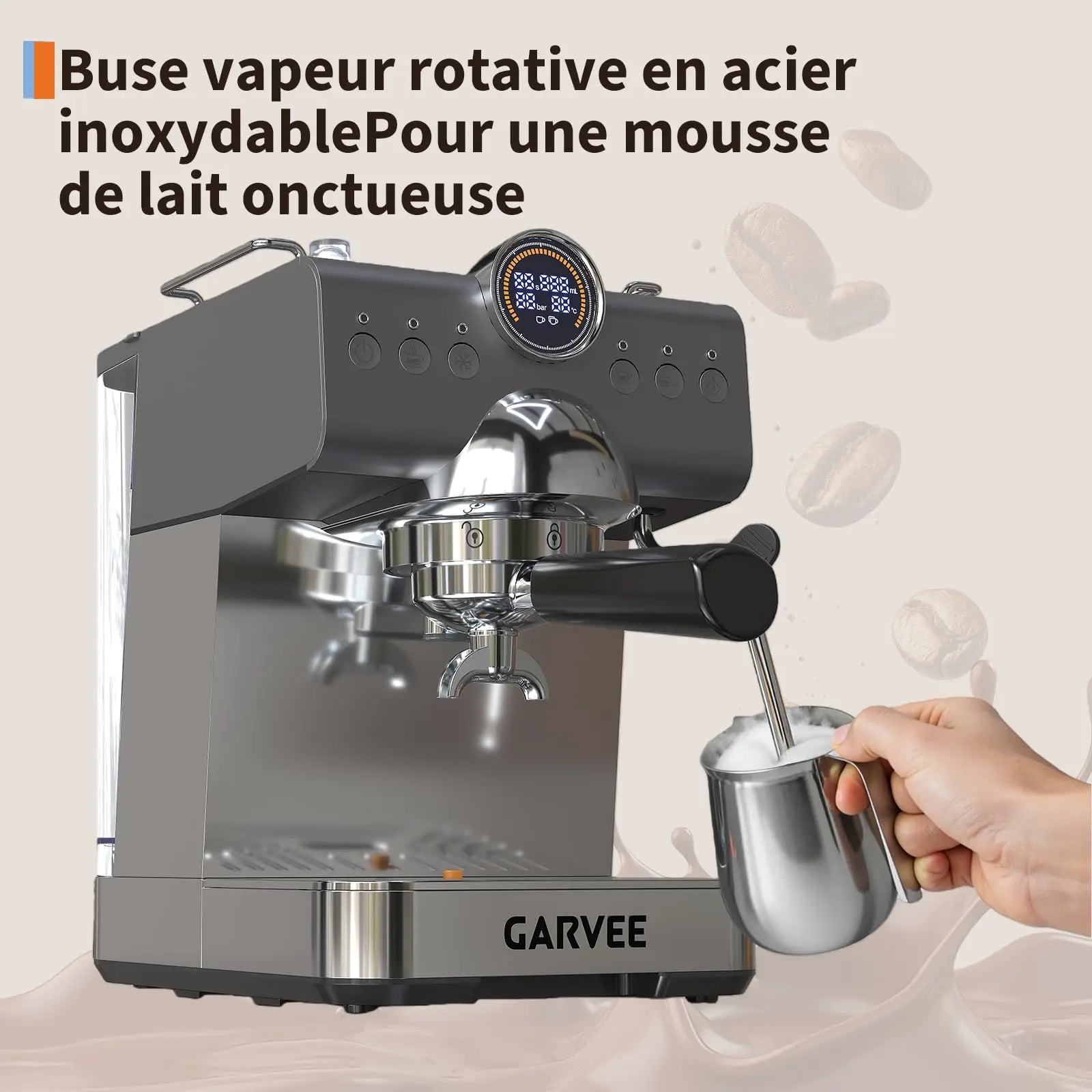 Garvee espresso machine with stainless steel finish, digital pressure gauge, and professional milk frothing steam wand.