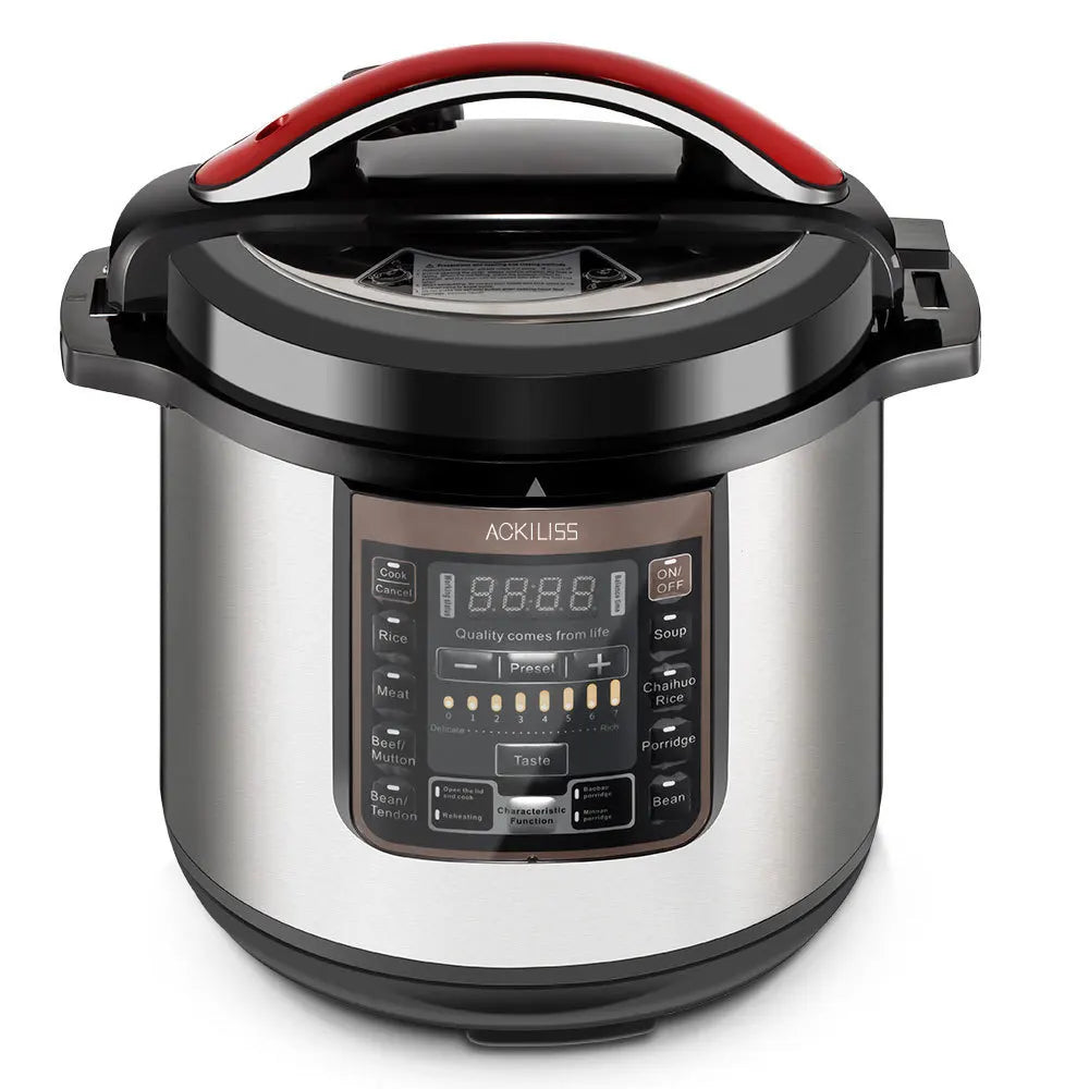 Electric pressure cooker with stainless steel pot, black lid, red handle, and control panel