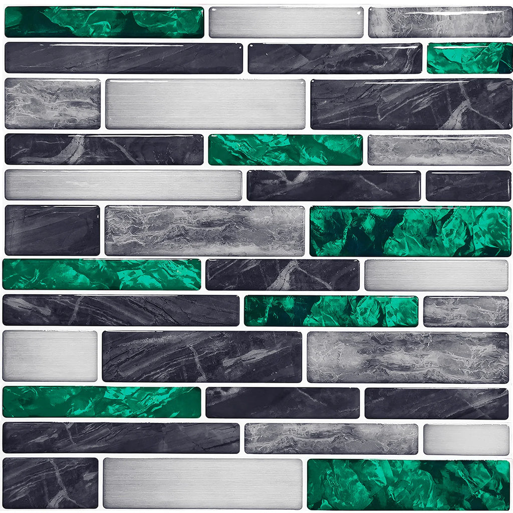 Close-up of 3D self-adhesive mosaic tile stickers with gray, dark, and green marble bricks