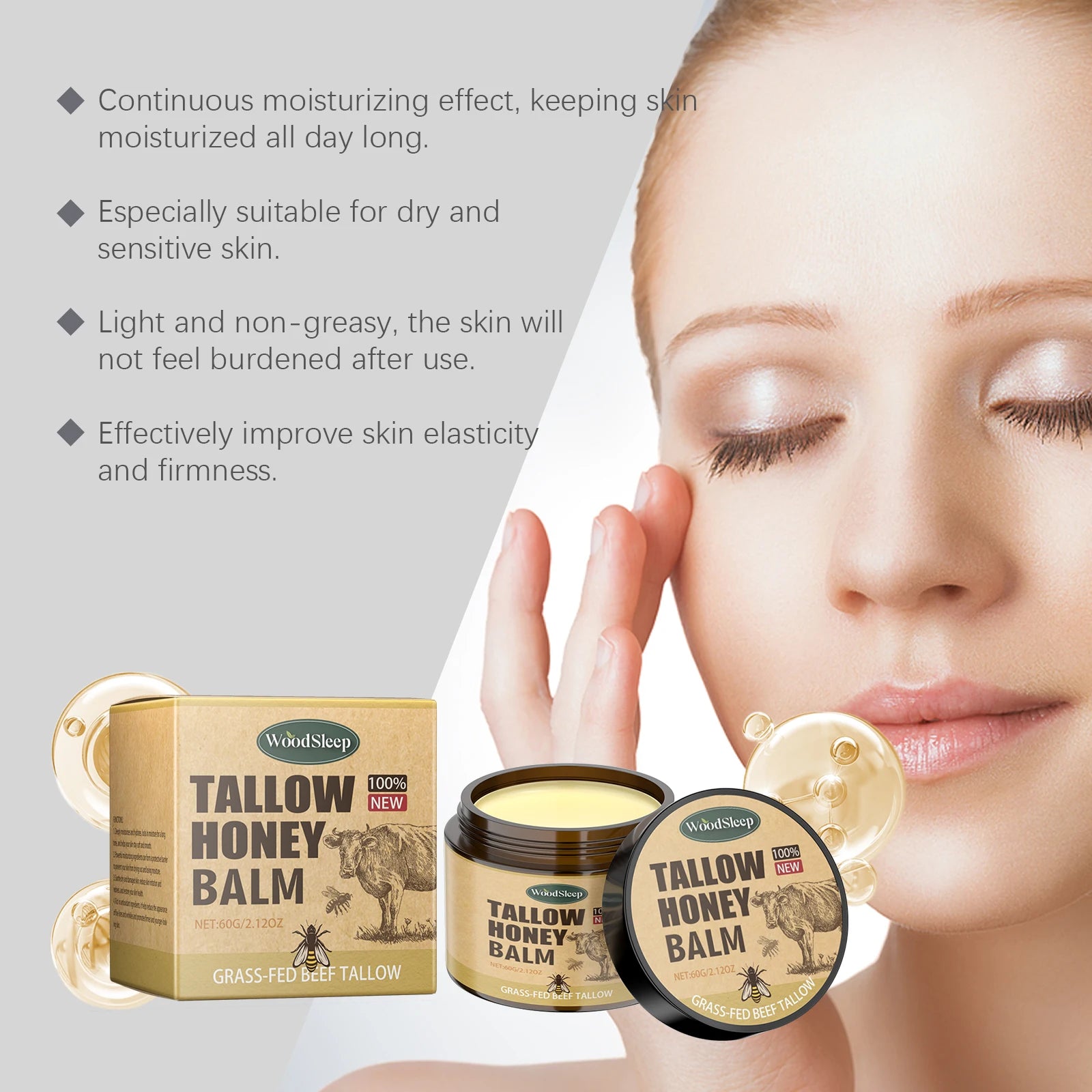 Deep Moisturizing Tallow Honey Balm For Face Natural Beef Tallow Anti Aging Light Non Greasy Skin Barrier Repair Daily Care 60g