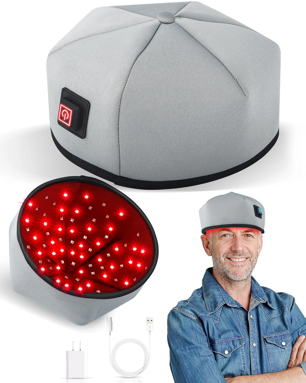 Grey wired 650nm red light therapy hair growth cap with wall-powered LED diode interior for men and women.