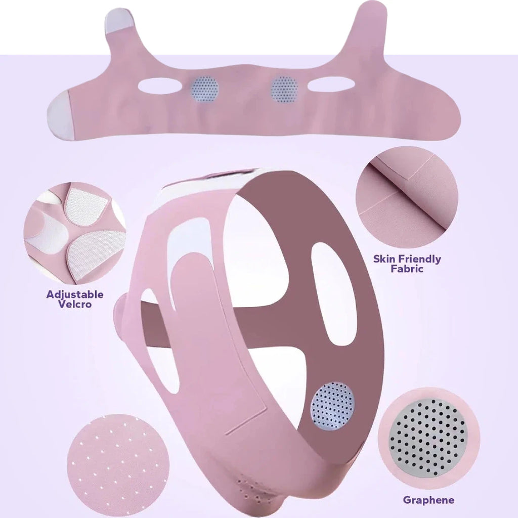 Pink V-line facial lifting band with adjustable velcro straps, breathable fabric, and graphene mesh ear sections.