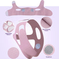 Pink V-line facial lifting band with adjustable velcro straps, breathable fabric, and graphene mesh ear sections.