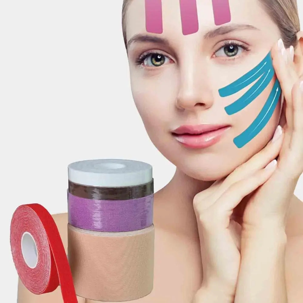 Facial lifting tape rolls in various colors, shown applied to a woman's forehead and cheek for skin tightening.